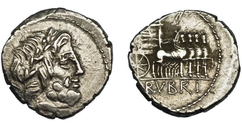 REPÚBLICA ROMANA. RUBRIA. Denario. Roma (87 a.C.). A/ Cabeza de Júpiter a der., ...