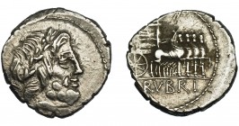 REPÚBLICA ROMANA. RUBRIA. Denario. Roma (87 a.C.). A/ Cabeza de Júpiter a der., detrás (DOSSEN). AR 3,82 g. 18 mm. CRAW-348.1. FFC-1191. Descentrada. ...