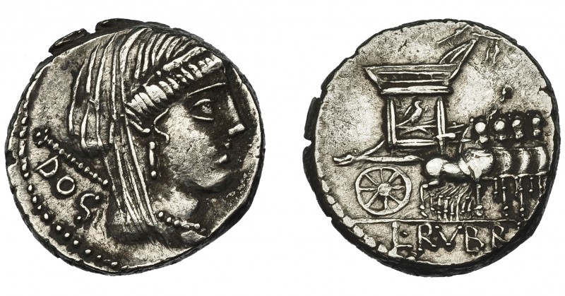 REPÚBLICA ROMANA. RUBRIA. Denario. Roma (87 a.C.). A/ Cabeza de Juno, detrás DOS...