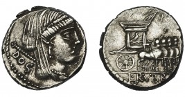 REPÚBLICA ROMANA. RUBRIA. Denario. Roma (87 a.C.). A/ Cabeza de Juno, detrás DOS. AR 3,87 g. 17,4 mm. CRAW-348.2. FFC-1192. MBC+.