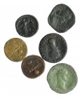 IMPERIO ROMANO. Lote de 6 monedas: 2 sestercios, 3 ases y 1 pieza hispano-romana. De BC a MBC-.