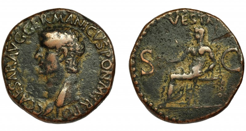 IMPERIO ROMANO. GERMÁNICO. As. Roma (37-38 d.C.). R/ Vesta sentada a izq. con ce...