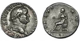 IMPERIO ROMANO. VESPASIANO. Denario. Roma (73 a.C.). R/ Salus entronizada a izq. con pátera; SALVS AVG. AR 3,35 g. 17,3 mm. RIC-522. MBC.