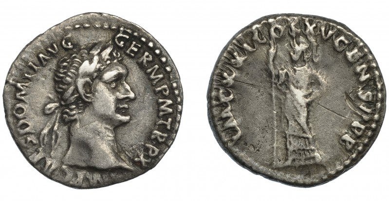 IMPERIO ROMANO. DOMICIANO. Denario. Roma (90-91 d.C.). R/ Minerva a izq. Con haz...
