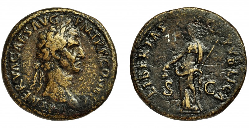 IMPERIO ROMANO. NERVA. Sestercio. Roma (97 d.C.). R/ Libertas a izq. con pileus ...