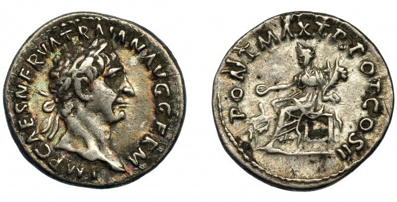 IMPERIO ROMANO. TRAJANO. Denario. Roma (98-99 d.C.). R/ Concordia sentada a izq....