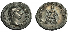 IMPERIO ROMANO. TRAJANO. Denario. Roma (100 d.C.). R/ Abundantia sentada a izq. con cetro y sobre dos cornucopias cruzadas; P M TR P COS III P P. AR 3...