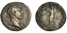 IMPERIO ROMANO. TRAJANO. Denario. Roma (104-107 d.c.). R/ Virtus a der. con lanza y parazonium; SPQR OPTIMO PRINCIPI. AR 3,10 g. 18 mm. RIC-204. MBC.
