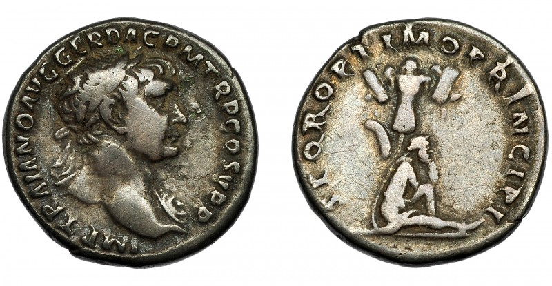 IMPERIO ROMANO. TRAJANO. Denario. Roma (103-107). R/ Dacio cautivo sentado a der...