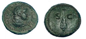IMPERIO ROMANO. TRAJANO. Cuadrante. Roma (98-117 d.C.). A/ Busto de Hércules con leonté a der. R/ Maza, S-C. AE 2,32 g. 15 mm. RIC-699. Pátina verde. ...