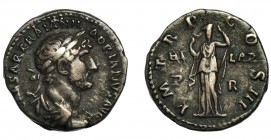 IMPERIO ROMANO. ADRIANO. Denario. Roma (120-121). R/ Hilaritas velada; PM TR P COS, HILAR / P R. AR 3,39 g. 17,6 mm. RIC-126. MBC.