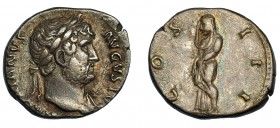 IMPERIO ROMANO. ADRIANO. Denario. Roma (125-128). R/ Pudicitia velada a izq.; COS III. Ar 3,51 g. 18,8 mm. RIC-176. finas rayitas. MBC+.