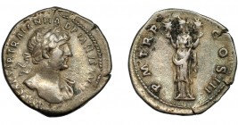 IMPERIO ROMANO. ADRIANO. Denario. Roma (119-122). R/ Aeternitas con las cabezas del sol y la luna; PM TR P COS III. AR 2,80 g. 19,2 mm. RIC-215. MBC/M...