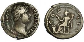 IMPERIO ROMANO. ADRIANO. Denario. Roma (134-138). R/ Annona sentada a izq. con garfio y cornucopia, delante modio con espigas; COS III. Ar 3,34 g. 17,...