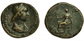 IMPERIO ROMANO. SABINA. As. Roma (128-136). R/ Vesta sentada a izq. con palladium y cetro; VESTA, SC. AE 13,02 g. 25 mm. RIC-1046. Pátina verde oscuro...