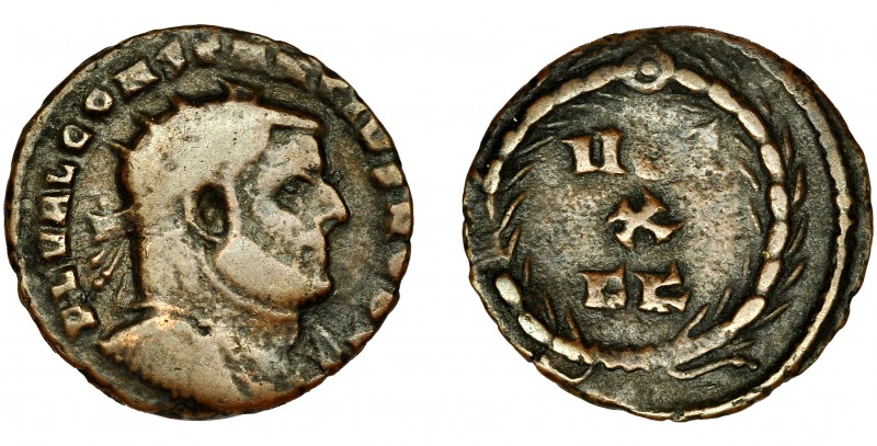 IMPERIO ROMANO. CONSTANCIO I. Follis fraccional. Cartago (303). R/ Corona rodean...