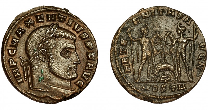 IMPERIO ROMANO. MAJENCIO. Follis. Ostia (309). R/ Cástor y Pollux sujetando sus ...