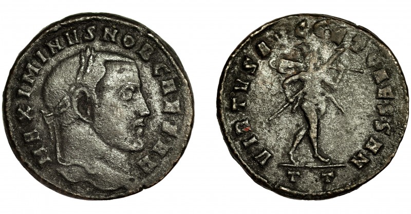 IMPERIO ROMANO. MAXIMINO II. Follis. Ticinum (306). R/ VIRTVS AVG ET CAESS NN, e...