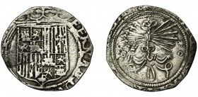 REYES CATÓLICOS. Real. Sevilla. S, estrella y roel en rev. AR 2,32 g. 23,4 mm. AC-415 vte. Recortada. MBC-.