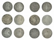 CARLOS IV. Lote 6 monedas de 8 reales, 2 de ellas con resellos chinos: Lima (1), México (5). BC+.