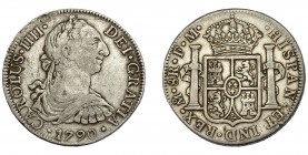CARLOS IV. 8 reales. 1790. Numeral del rey IIII. México. FM. VI-786. Escasa.