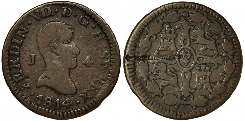 FERNANDO VII. 4 maravedís. 1814. Jubia. VI-166. Defecto de cospel en rev. BC+. R...