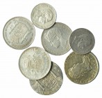 ALFONSO XII. Lote 7 monedas: 8 reales (2) Fernando VII, ambos con soldadura quitada; 50 centavos de peso 1885, Manila, Alfonso XII (2); 5 pesetas: Alf...