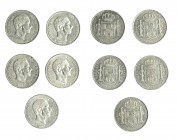 ALFONSO XII. Lote 5 piezas de 50 centavos de peso. 1885. Manila. EBC-/EBC.