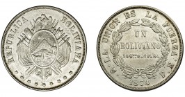 MONEDA EXTRANJERA. BOLIVIA. 1 boliviano. 1874, FE. KM-160.1. MBC+.