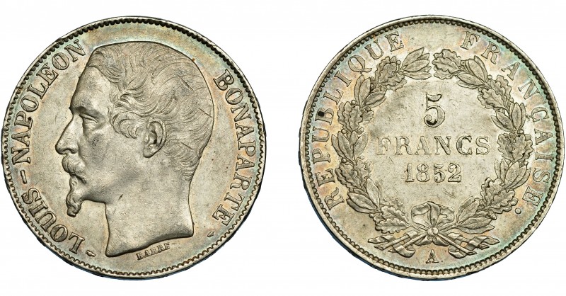 MONEDA EXTRANJERA. FRANCIA. 5 francos. 1852. A. KM-773.1. Pequeñas marcas. MBC+....