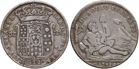 Napoli – Carlo di Borbone (1734-1759) - 120 Grana 1748 - MIR 336 R Contorno a cerchi e quadratini. Con cartellino d'epoca del collezionista.
BB