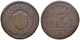 Napoli – Ferdinando IV di Borbone – Primo periodo (1759-1816) - 5 Tornesi 1798 - MIR 392/4 C Con cartellino d'epoca del collezionista.
MB