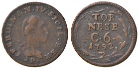 Napoli – Ferdinando IV di Borbone – Primo periodo (1759-1816) - Tornese da 6 Cavalli 1792 - MIR 403/4 C Con cartellino d'epoca del collezionista.
BB+...