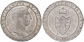 Napoli – Ferdinando IV di Borbone – Secondo periodo (1759-1816) - 120 Grana 1805 - MIR 423 C Capelli ricci. Con cartellino d'epoca del collezionista....