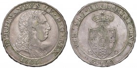 Napoli – Ferdinando IV di Borbone – Secondo periodo (1759-1816) - 120 Grana 1805 - MIR 423 C Capelli ricci. Con cartellino d'epoca del collezionista....
