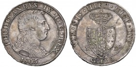 Napoli – Ferdinando IV di Borbone – Secondo periodo (1759-1816) - 120 Grana 1805 - MIR 423 C Capelli ricci. Con cartellino d'epoca del collezionista....