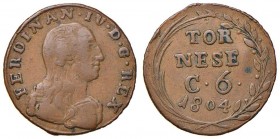 Napoli – Ferdinando IV di Borbone – Secondo periodo (1759-1816) - Tornese da 6 Cavalli 1804 - MIR 430 R Con cartellino d'epoca del collezionista.
qSP...