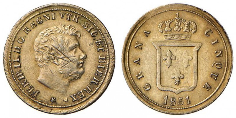 Napoli – Ferdinando II (1830-1859) - 5 Grana 1851 - MIR 517/1 NC Dorato. 
qSPL...