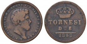 Napoli – Ferdinando II (1830-1859) - 2 Tornesi 1858 - MIR 528/14 C Variante stella a sette punte. Con cartellino d'epoca del collezionista.
QBB-BB