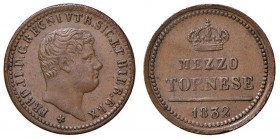 Napoli – Ferdinando II (1830-1859) - Mezzo Tornese 1832 - MIR 534 RRR Variante VTR con una A rovesciata al posto della V. Molto interessante e non anc...