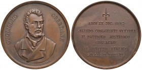 Guglielmo Oberdan – Trieste - Medaglia 1882 - C 44,32 grammi. Opus Farè. Colpetti al bordo. Porosità. 4,6 cm.
qSPL