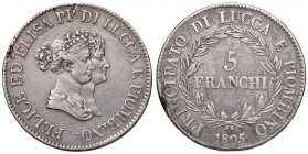 Lucca – Elisa Bonaparte e Felice Baciocchi (1805-1814) - 5 Franchi 1805 - Gig. 1 R Lieve mancanza di metallo.
qBB-BB