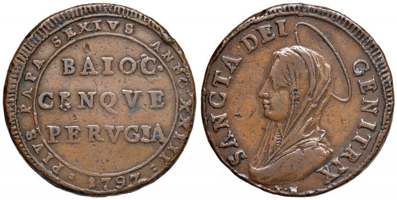 Perugia – Pio VI (1775-1799) - Madonnina da 5 Baiocchi 1797 - CNI 30 NC Diametro...