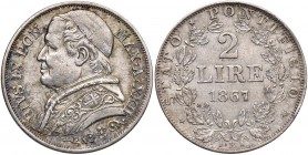 Roma – Pio IX (1846-1870) - 2 Lire 1867 - Gig. 287 C Colpetto.
SPL