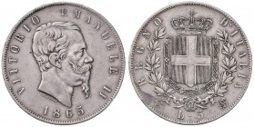 Torino – Vittorio Emanuele II (1861-1878) - 5 lire 1865 - Gig. 36 R Colpetti.
BB