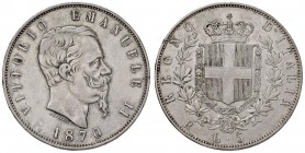 Roma – Vittorio Emanuele II (1861-1878) - 5 lire 1870 - Gig. 41 R Segnetto al bordo. 
BB-SPL