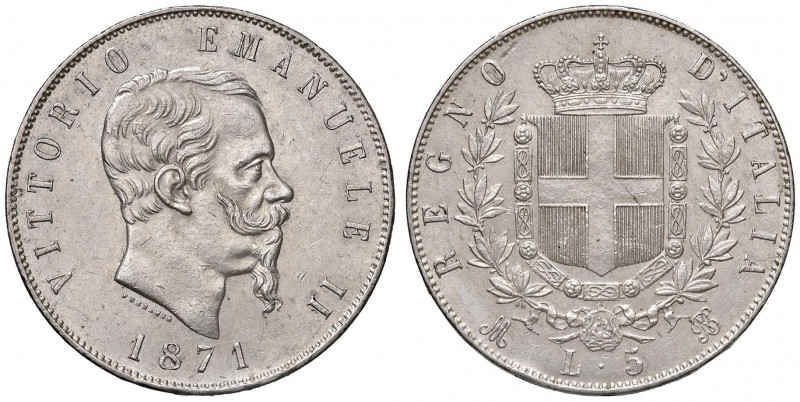 Milano – Vittorio Emanuele II (1861-1878) - 5 lire 1871 - Gig. 42 C Colpo al bor...