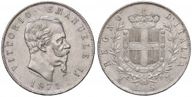Milano – Vittorio Emanuele II (1861-1878) - 5 lire 1871 - Gig. 42 C Colpo al bordo. 
m.SPL