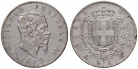 Milano – Vittorio Emanuele II (1861-1878) - 5 lire 1873 - Gig. 46 C Colpo al bordo. 
BB
