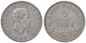 Torino – Vittorio Emanuele II (1861-1878) - 2 Lire 1863 - Gig. 59 R Valore. Colpetti.
BB